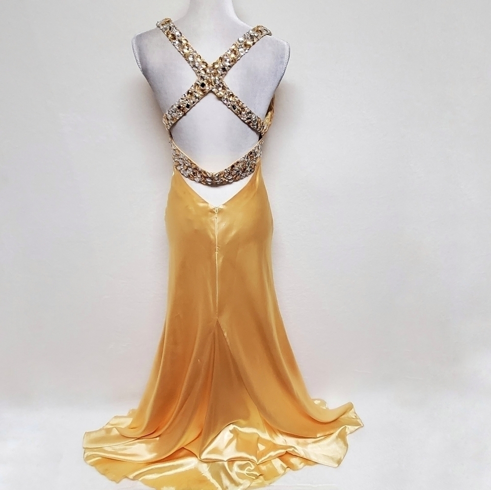 Vintage Beyond Jovani Yellow Charmeuse Shimmer V-neck Beaded Backless Maxi Dress - Picture 11 of 16